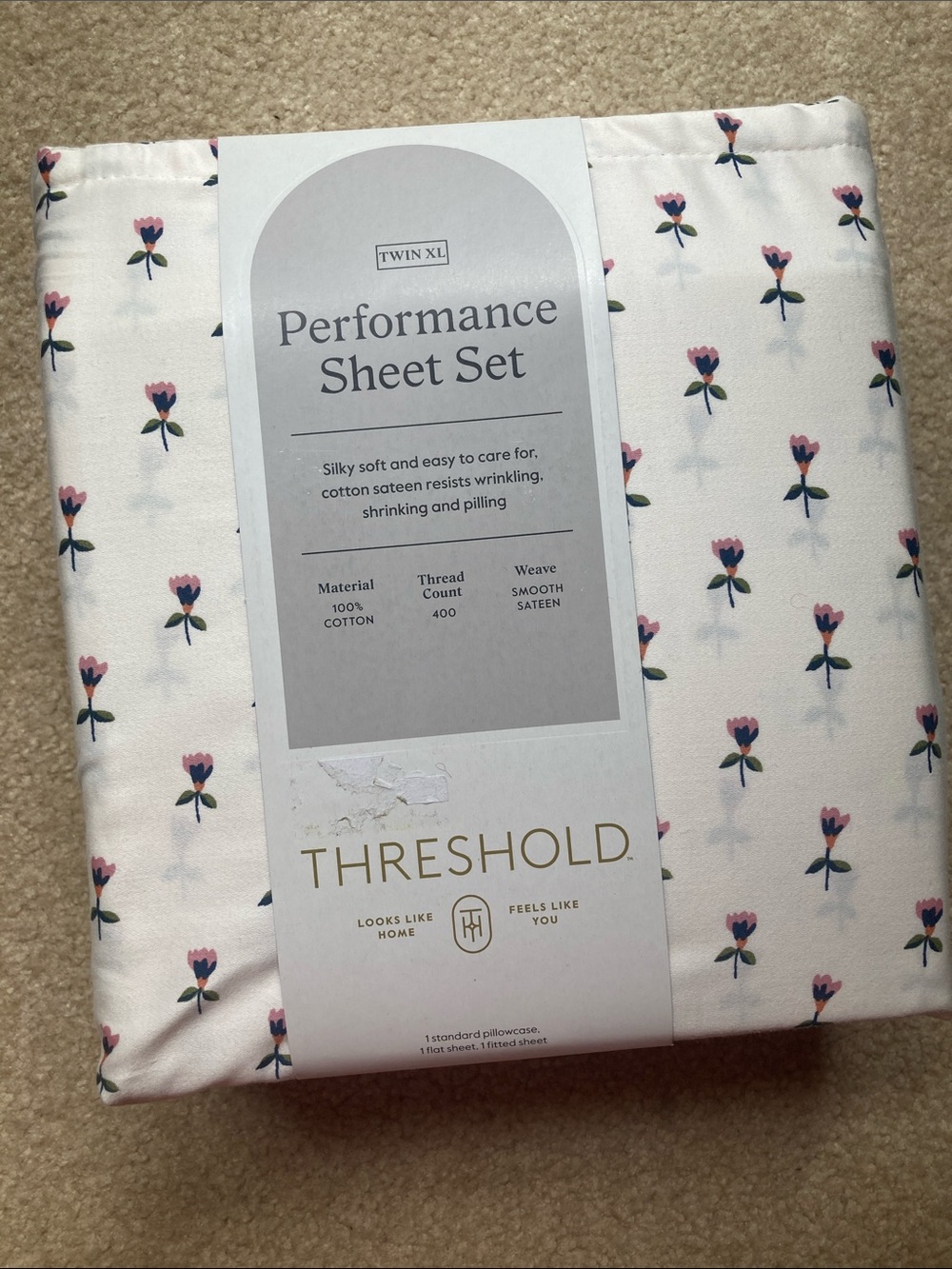 Threshold White Cotton Sateen Sheet Set with Pink Floral Motif Twin XL